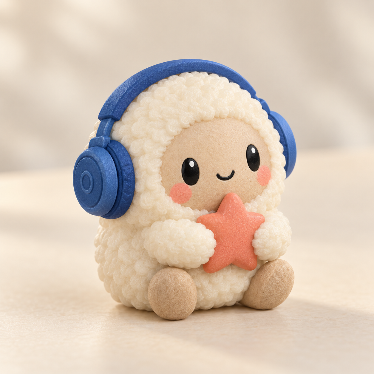 Joy Boy desk figure with cobalt headphones and a coral star
