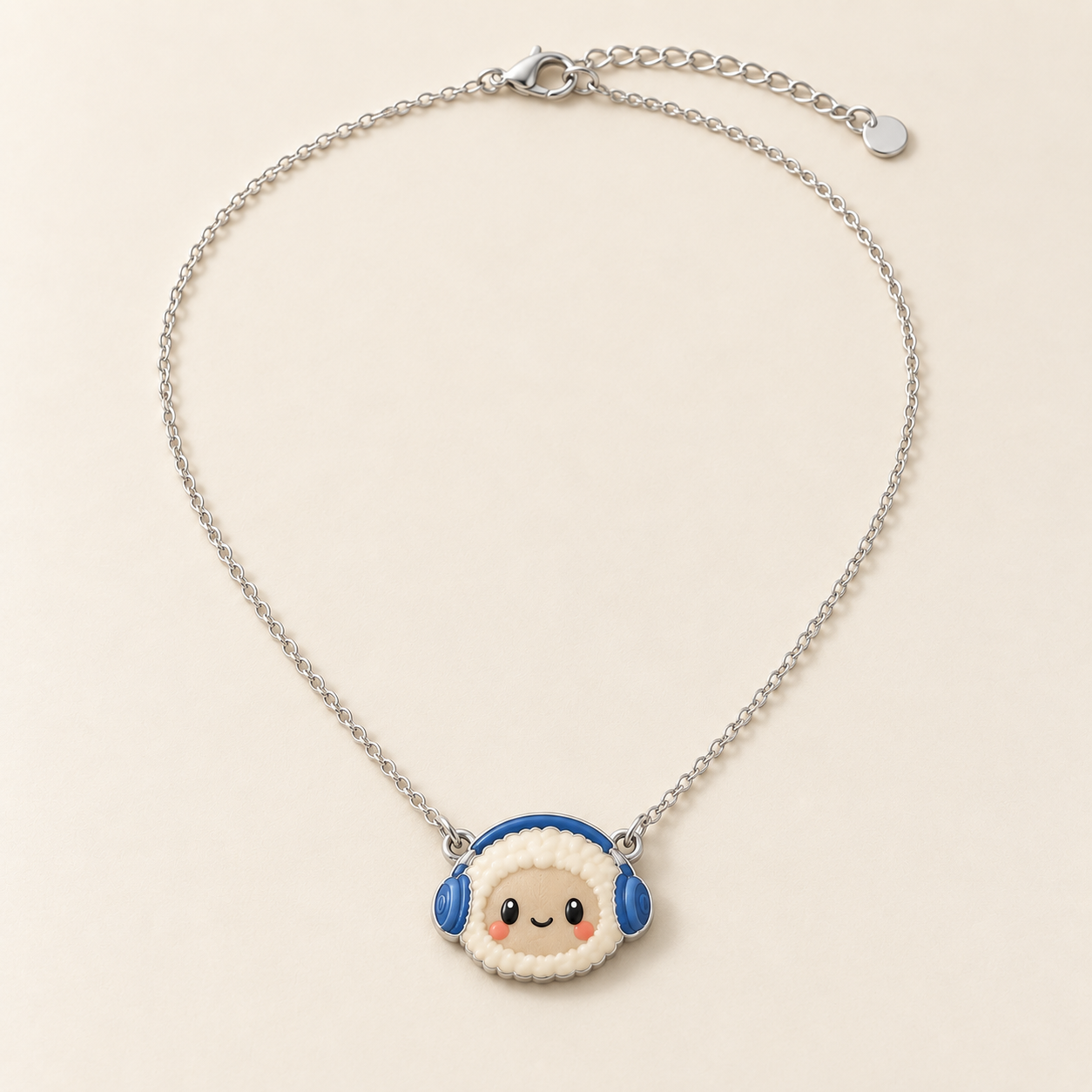 Joy Boy necklace concept with a cream fluffy face and cobalt headphones